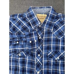 Cowboy Legend Men's XL Western Shirt Blue Plaid Pearl Snap Long Sleeve Ranch